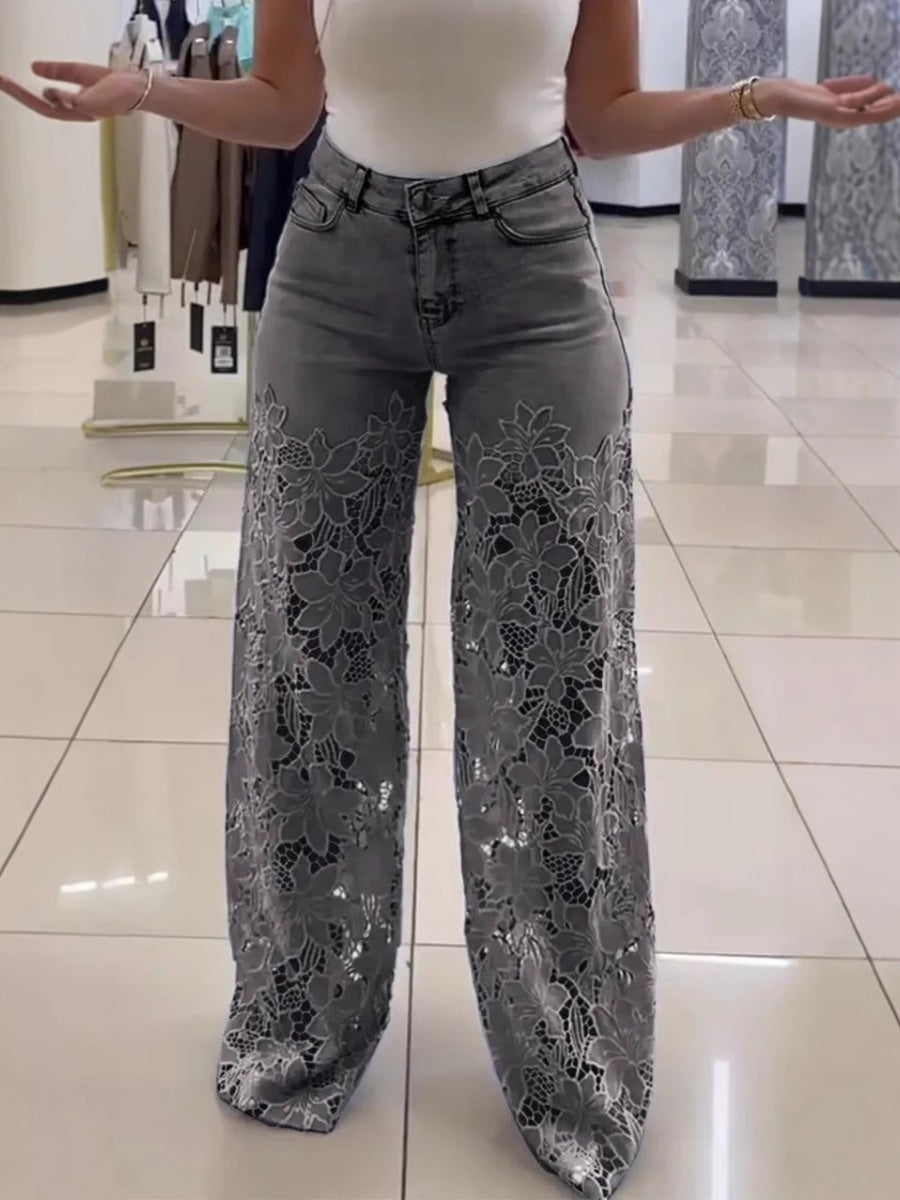 High-waisted Wide-leg Pants Openwork Lace Patchwork Jeans