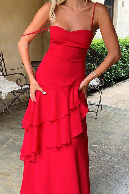 Spaghetti Straps Sweetheart Red Wedding Guest Dress with Ruffles Side