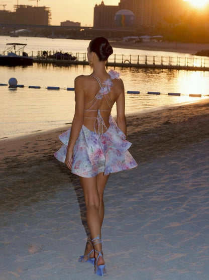Three-dimensional Floral Print Backless Tie-up Short Dress