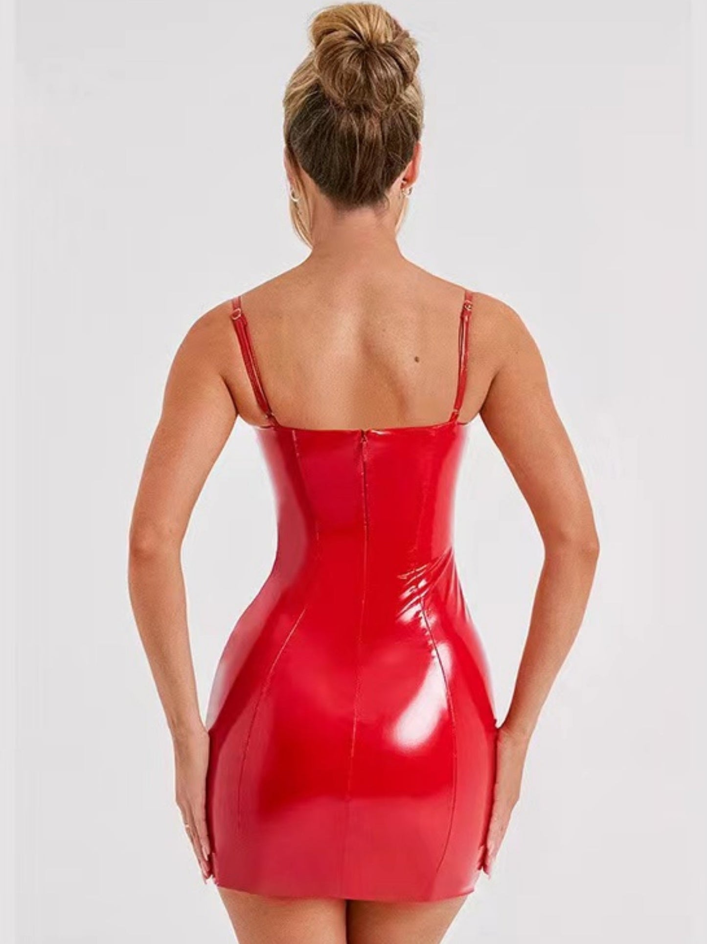 PU Glossy Leather Waist-cinching And Hip-hugging Camisoles Mini&Short Dresses