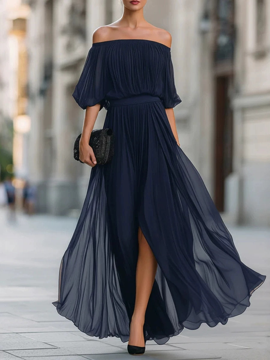 Off Shoulder Elegant Pleats Solid Color Slit Maxi Dresses