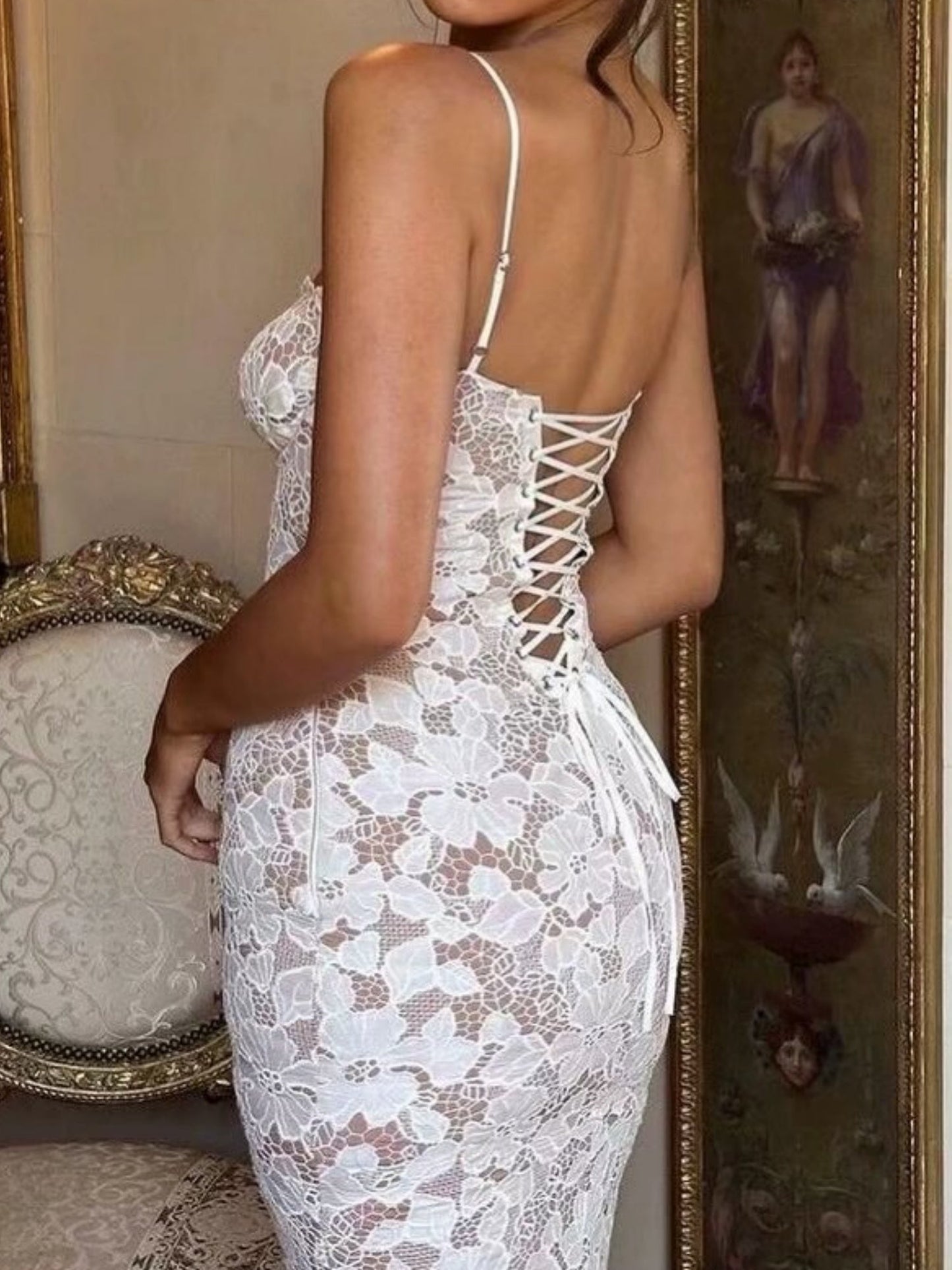 Lace See-through Strappy Slit Maxi Dresses