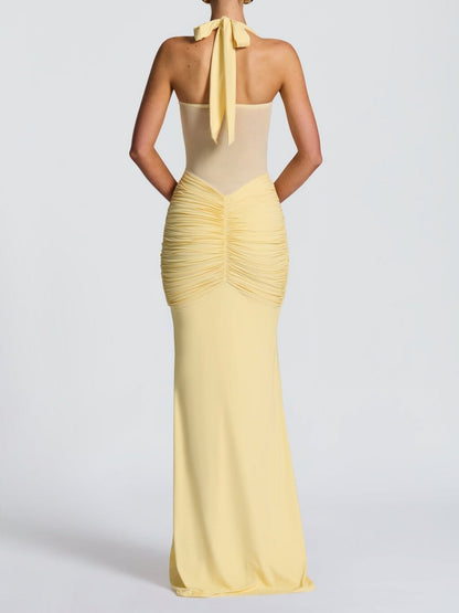 Mesh Splicing Ribbon Neckband Fish Tail Maxi Dresses