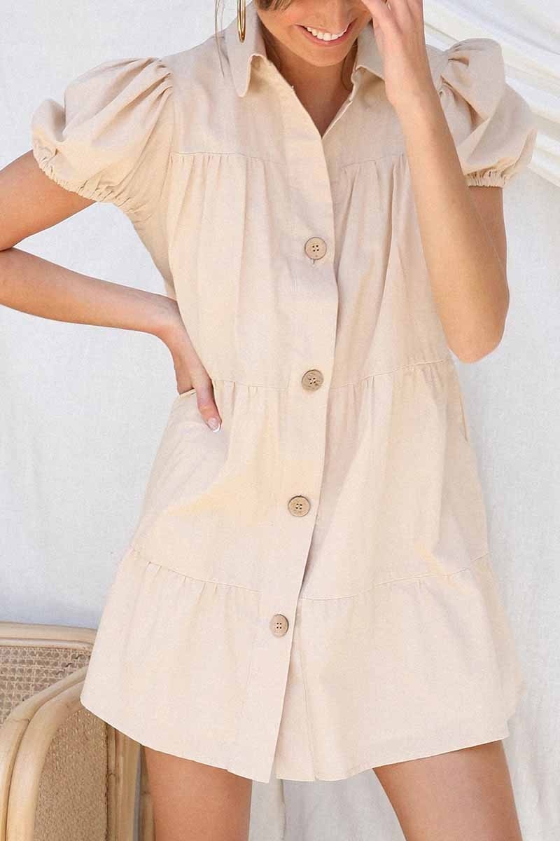 Tiered Puff Sleeve Button-Down Collar Smock Mini Dress