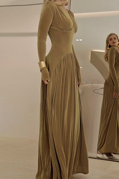 Margovil V Neck Long Sleeves Waisted Velvet Maxi Dress