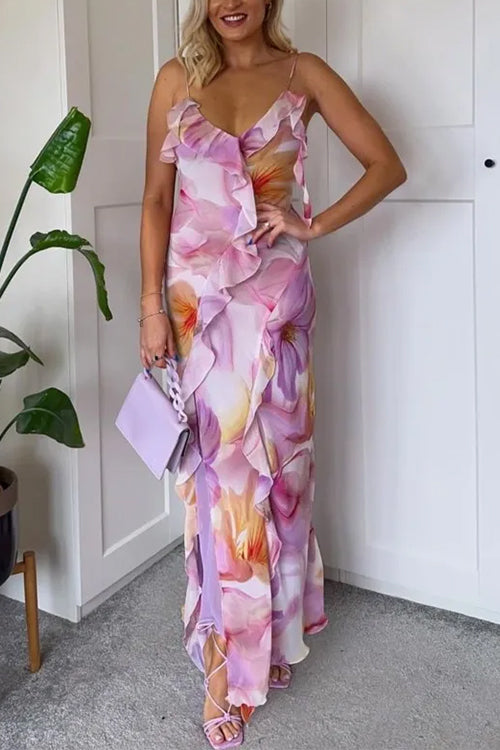 Margovil V Neck Backless Ruffle Trim Slit Floral Print Maxi Cami Dress