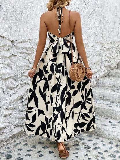 Leaf Print Hollow-Out Pleated Halter Neck Long Dress