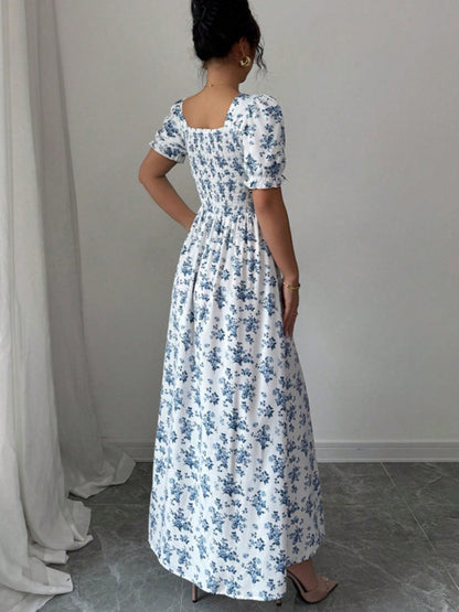 Floral Print Puff Sleeve Ruffle Long Dress