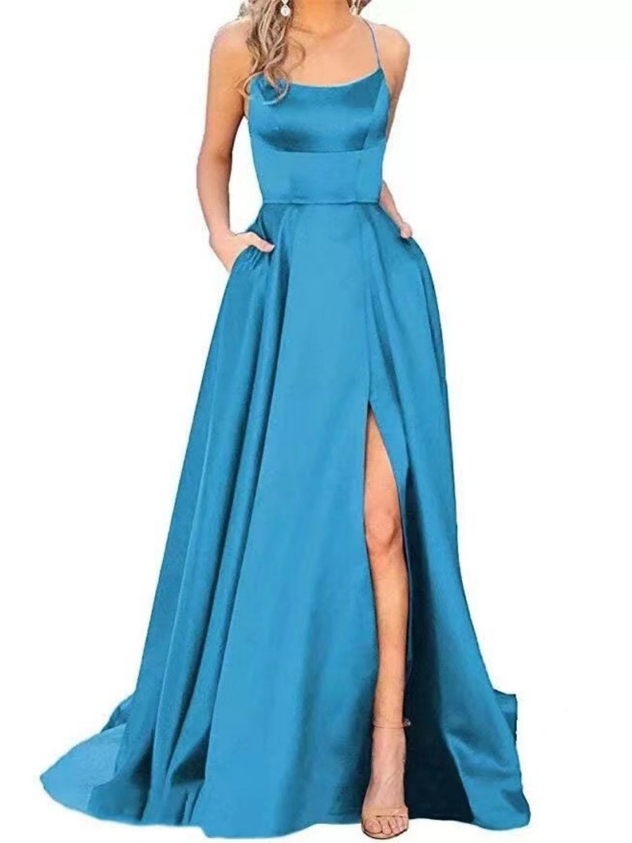 Silk High Fork Solid Color Camisoles Maxi Dresses