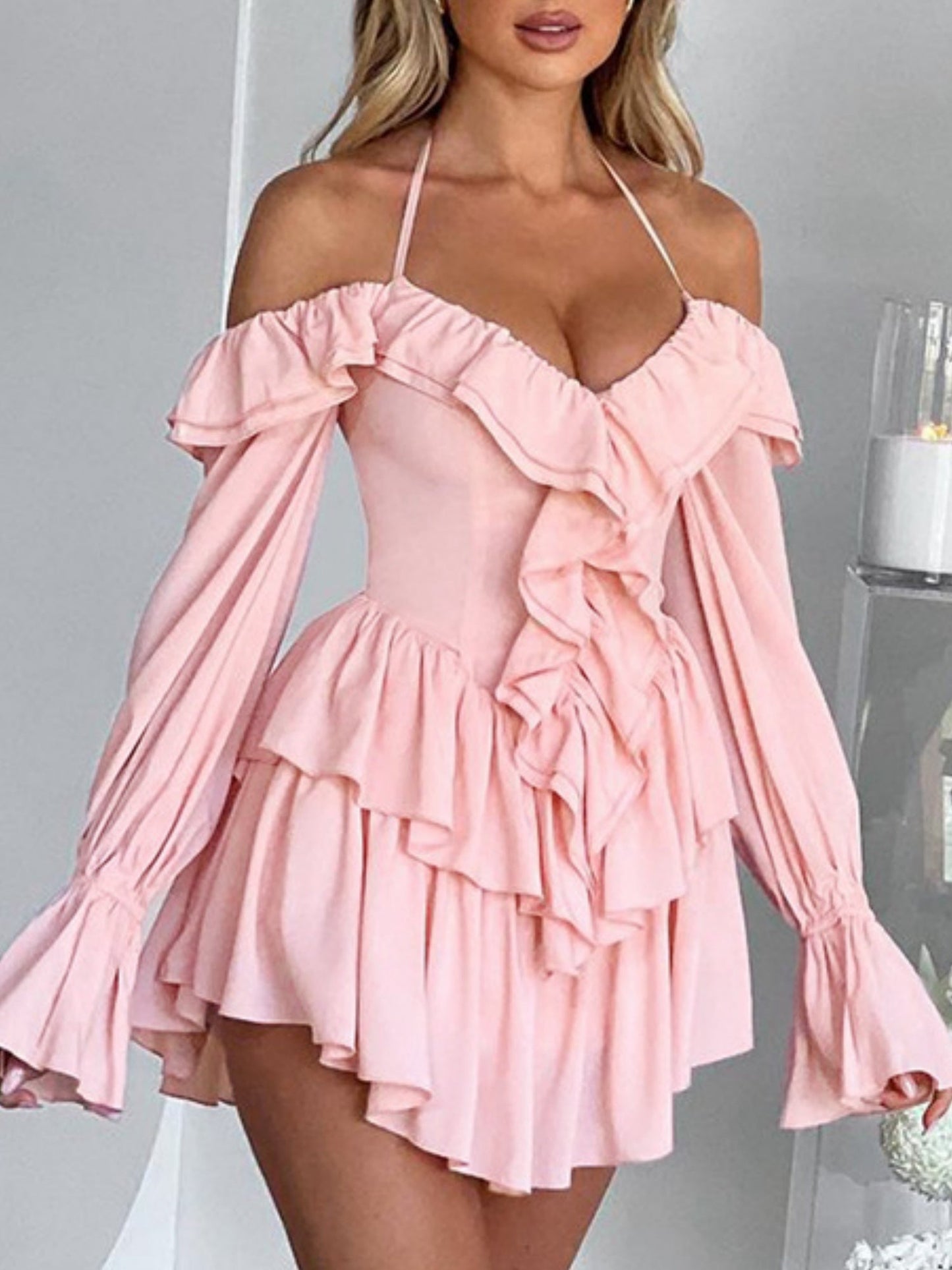 Ruffle Halter Neck Low-cut  Flare Sleeve Sweet Mini&Short Dresses