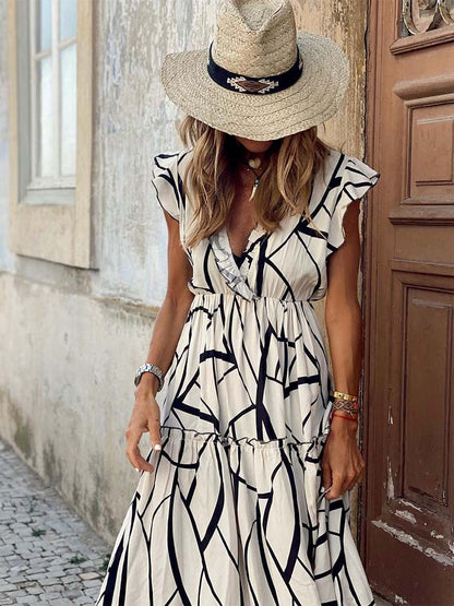 Ruffle V-Neck Flutter Sleeve Elastic Waist Tiered Geometric Print Maxi Dress