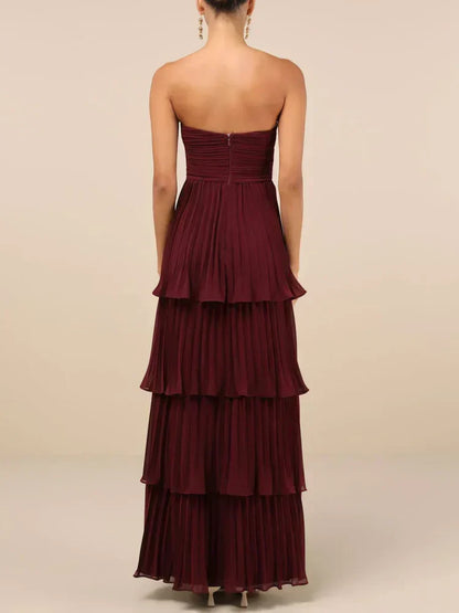 Strapless Sweetheart Ruched Pleated Tiered Maxi Gown