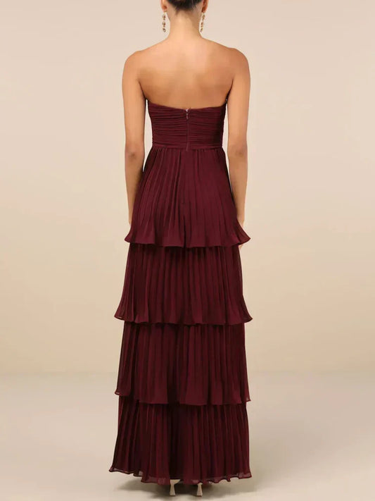 Strapless Sweetheart Ruched Pleated Tiered Maxi Gown