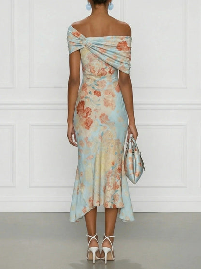Floral Print Off-shoulder Short-sleeved Long Dress