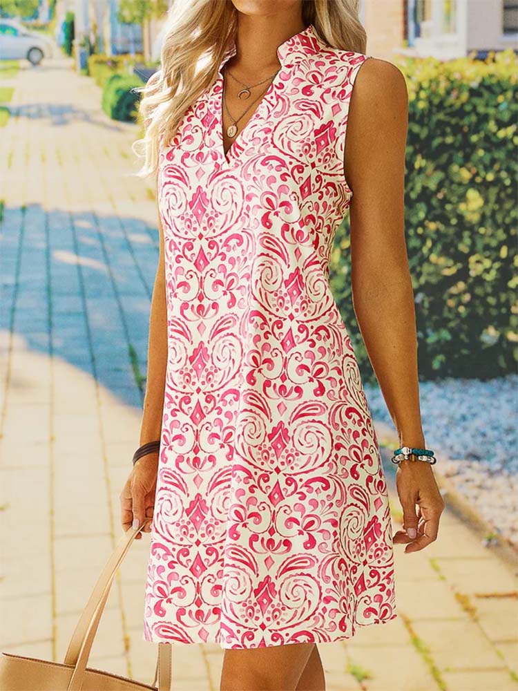 Ornate Scrollwork Mandarin Collar Sleeveless Shift Mini Dress