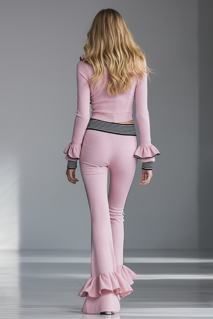 Elegant Sporty Black-Trimmed Pink Flared Pants Set