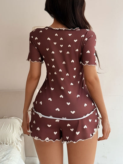 Heart-print Collared Short-sleeved Shirt And Shorts With Bow Tie - A Loungewear Set That Can Be Worn As Outerwear.