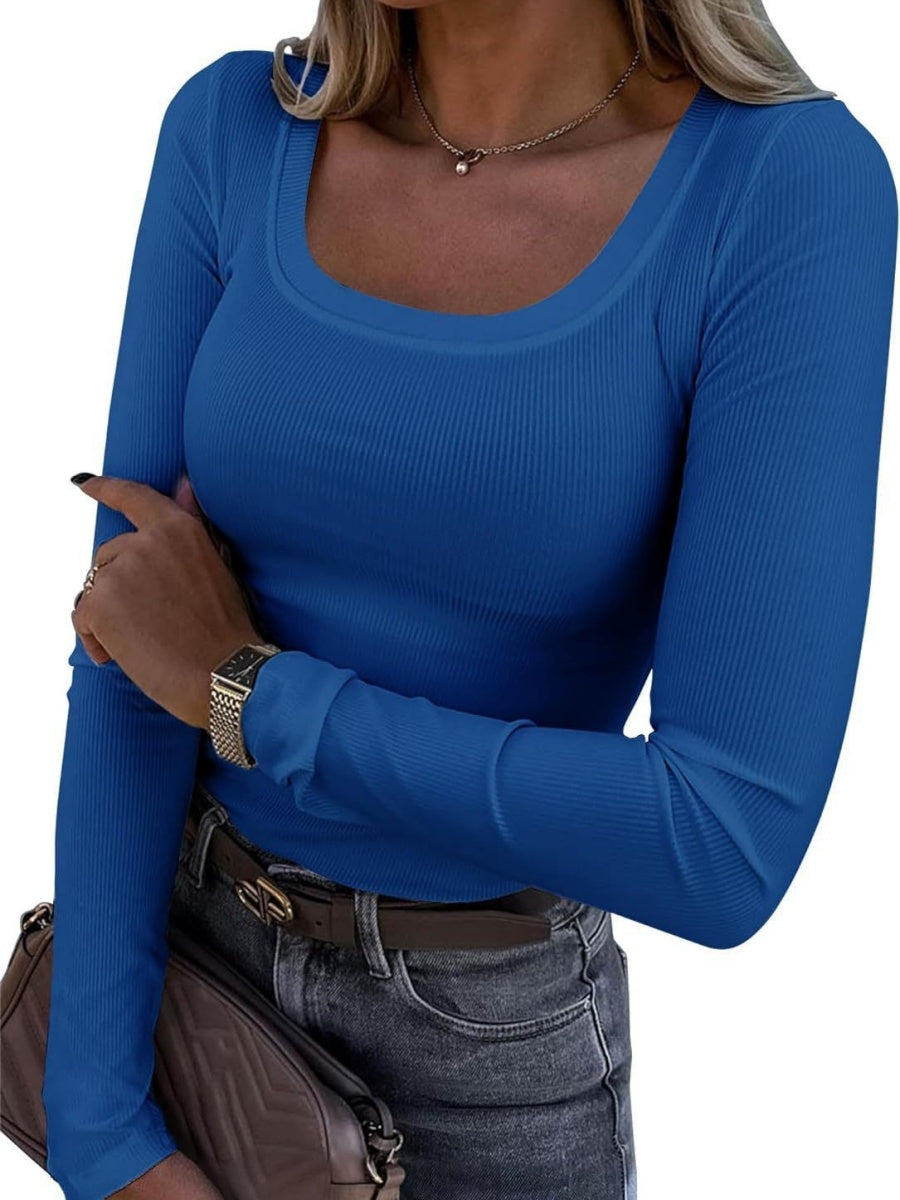 Threaded Groove Trimming Long Sleeve U-neck Base T-shirts