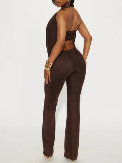 Metal Decoration Strapless Halter Top Slim-fit Trousers 2-piece Sets