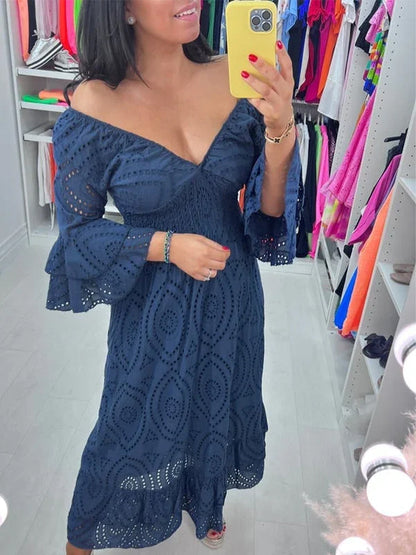 Broderie Anglaise Deep V-Neck Double Ruffle Sleeve Smocked Waist Tiered Midi Dress