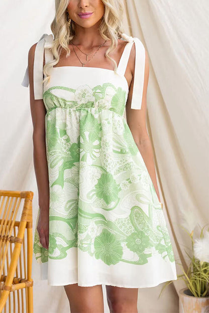 Margovil Bow Shoulder Sleeveless High Waist Floral Print Mini Dress