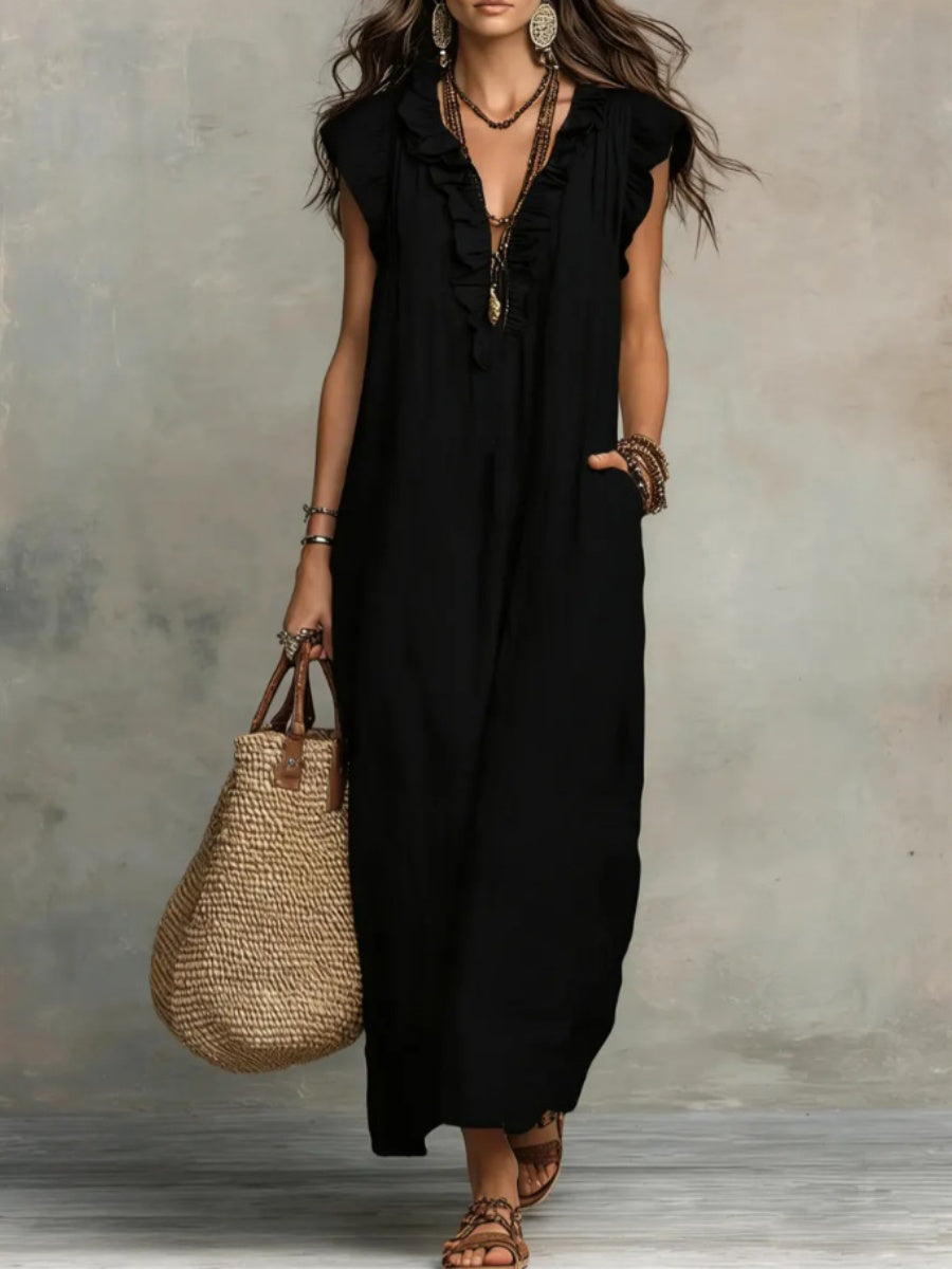 V-neck Pleats Solid Color Long Dress