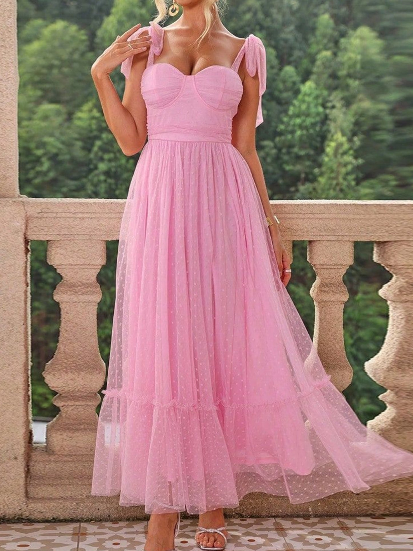 Polka Dots Strapless Shoulder Strap Mesh Splicing Sweet Maxi Dresses
