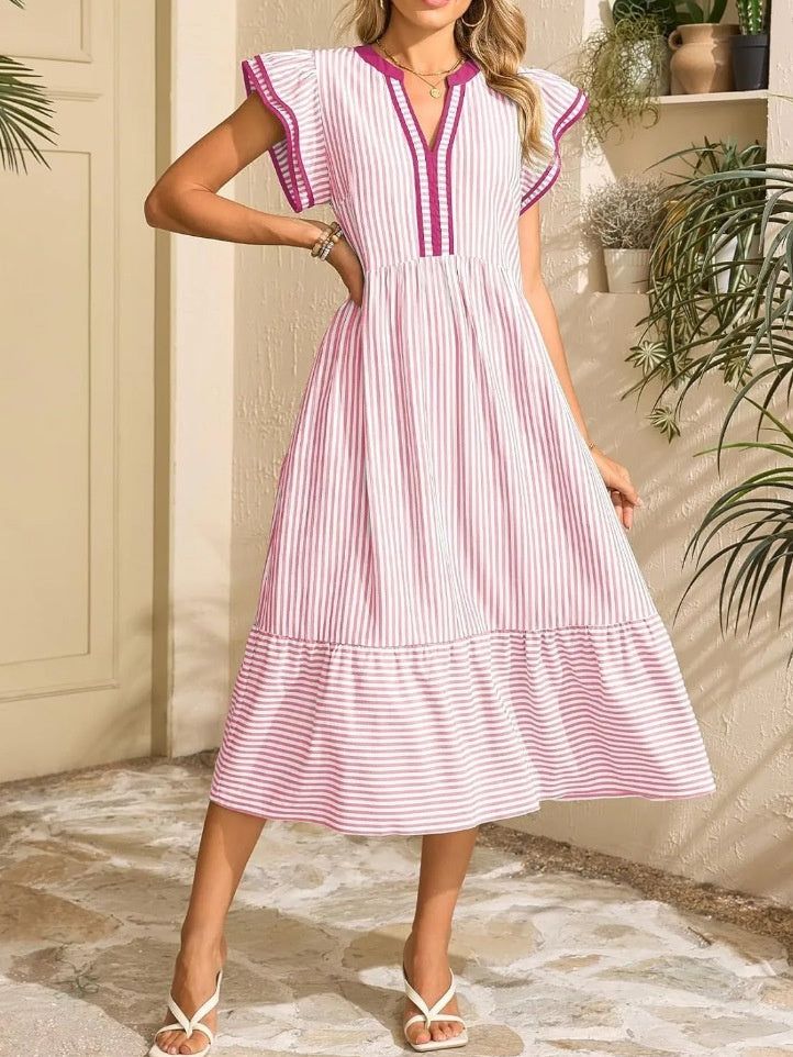 Striped Double-pleated Short-sleeved Color-blocked V-neck Midi Dress