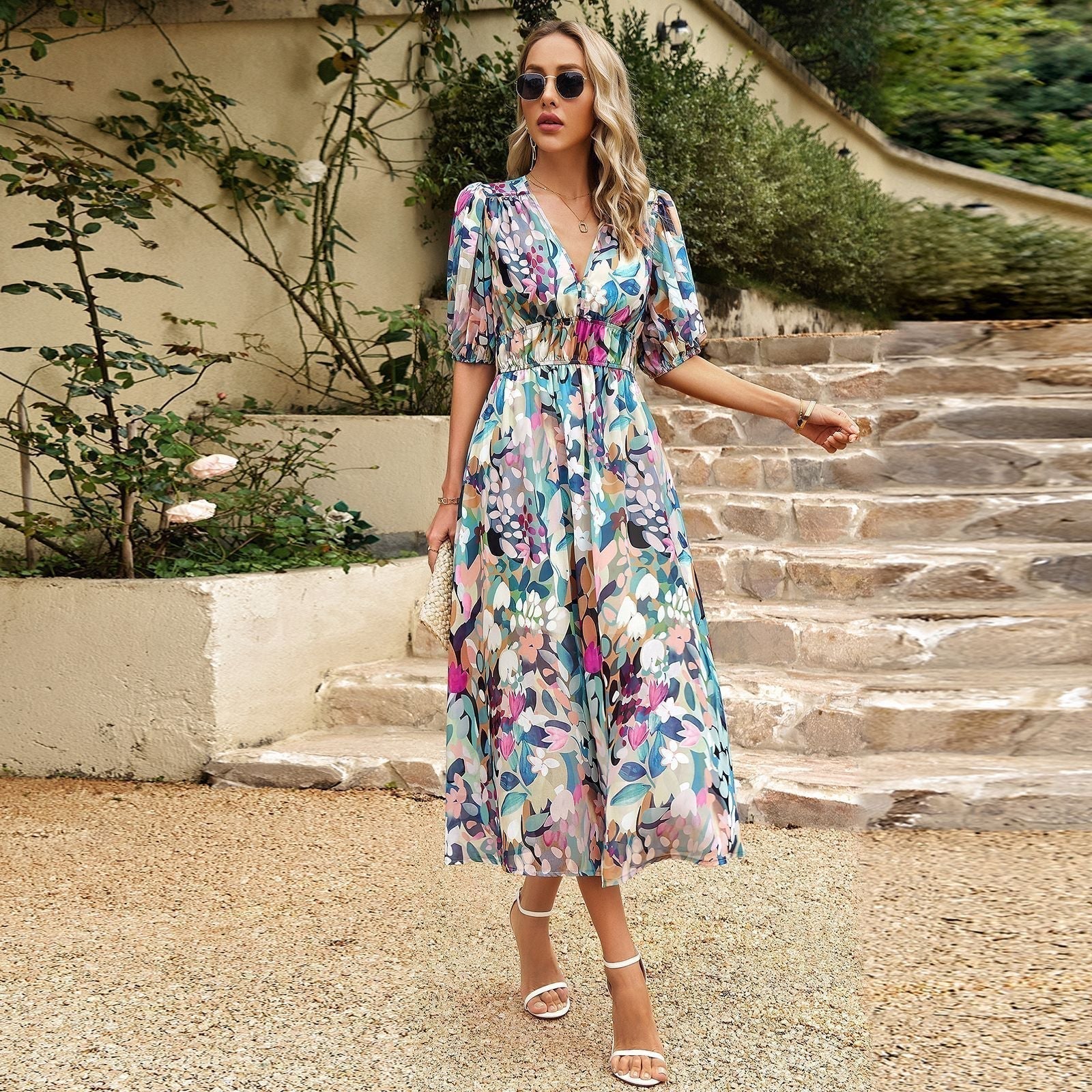 Abstract Brushstroke Print V-Neck Puff Sleeve Smocked Waist Midi Dress