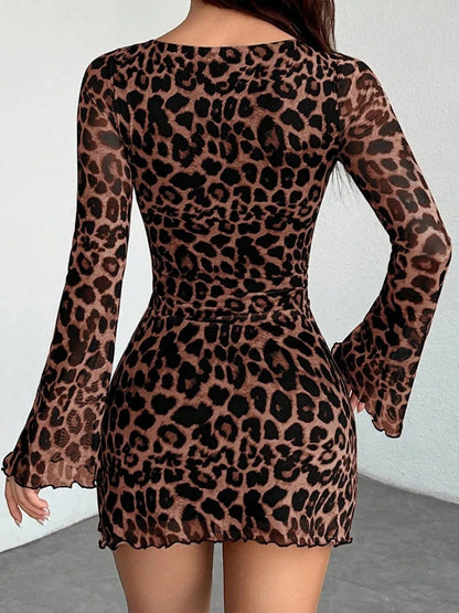 Leopard Print Mesh Slimming And Waist-cinching Long-sleeved Short Dress