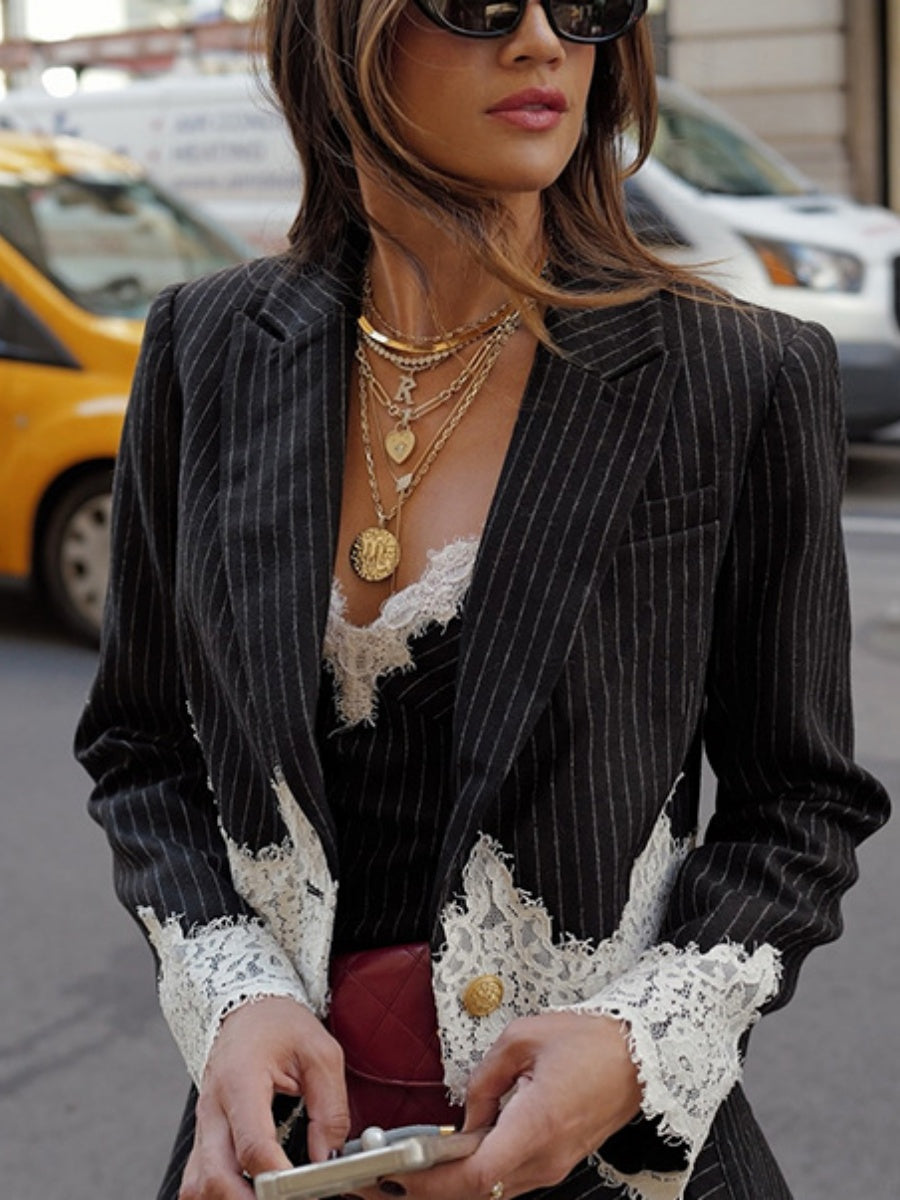 Striped Patchwork Lace Camisoles Short Blazer Set 2-piece Sets