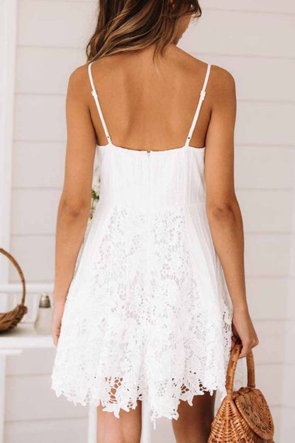 Deep V-Neck Lace Overlay Spaghetti Strap Scalloped Hem A-Line Mini Dress