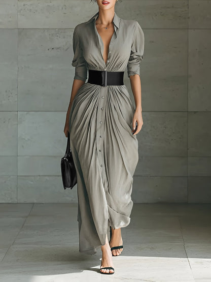Long Collared Button-down Shirt Dress With Belt