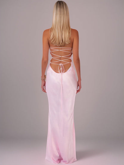Strapless Sequined Satin Backless Tie-waist Bodycon Maxi Dress