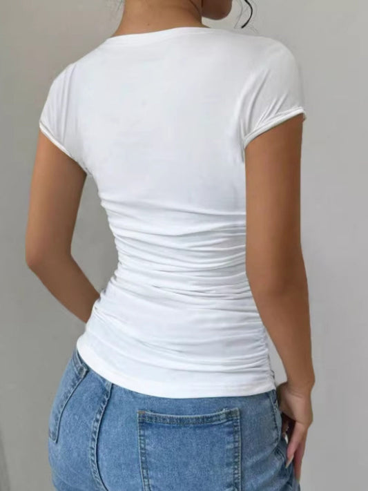 Slim Fit Solid Color T-Shirt With Gathering