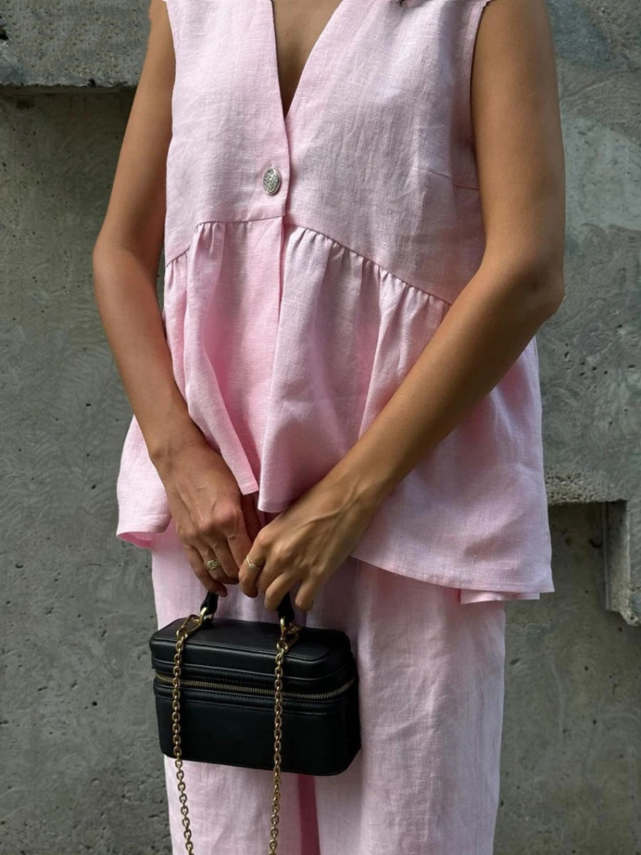 Cotton V-neck Sleeveless Top, Vest, And Trousers Buttons Solid Color 2-piece Sets