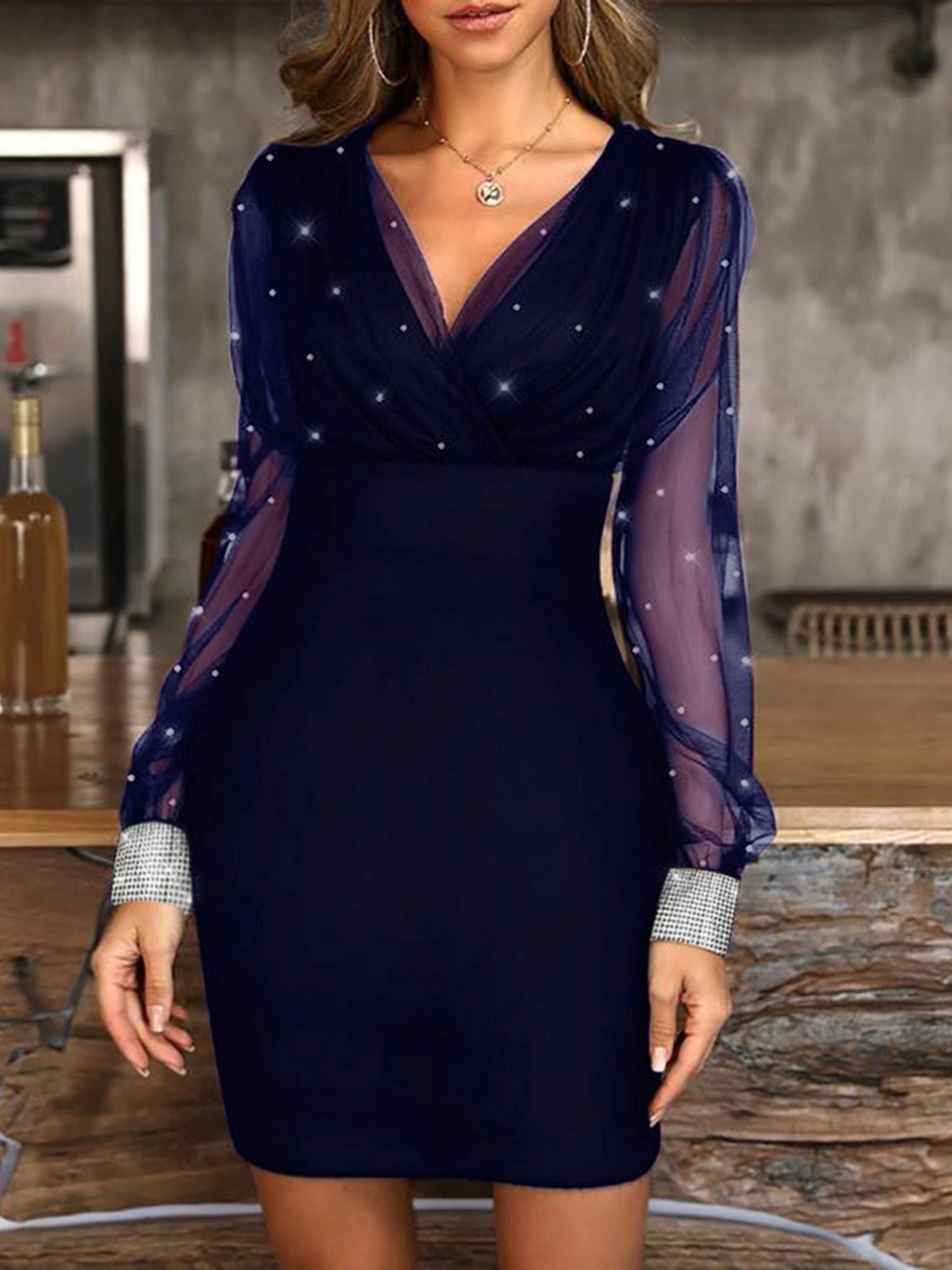 Mesh Splicing Sequined Cuffs V-neck Waist Shaping Mini&Short Dresses