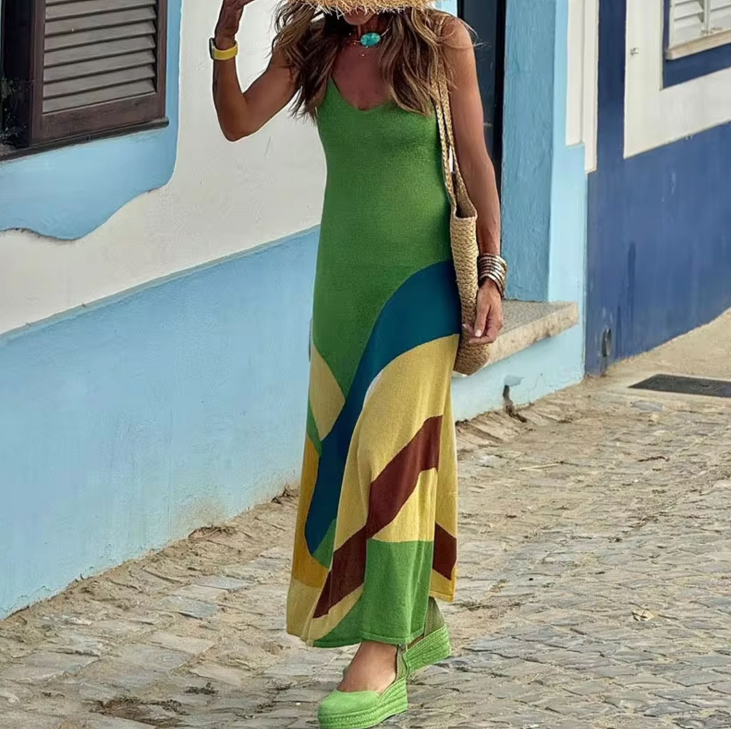Sleeveless V-Neck Knit Abstract Wavy Print Panel Maxi Dress