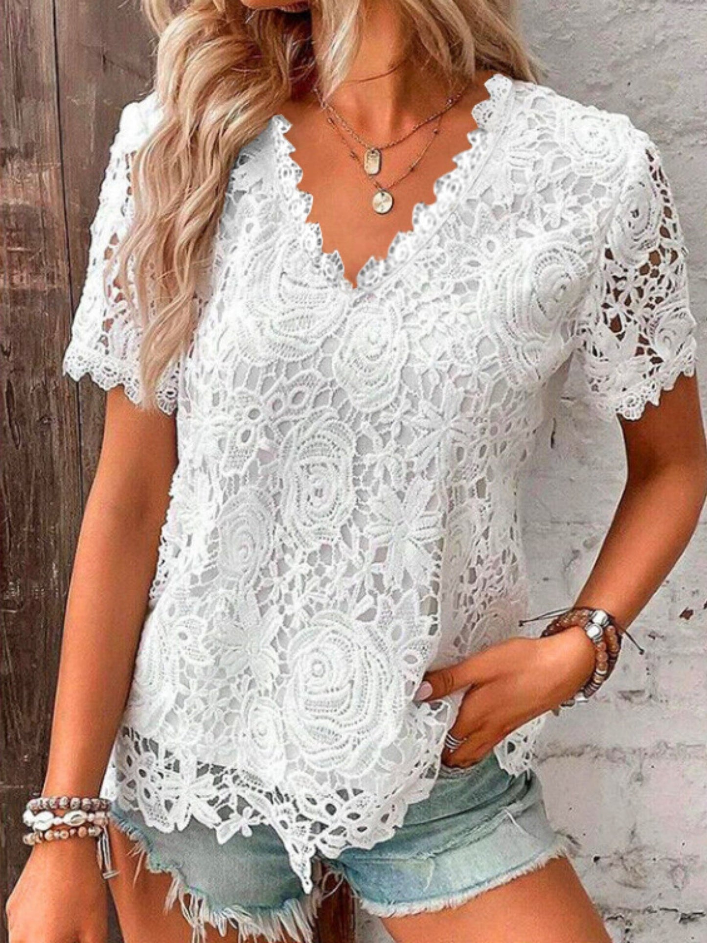 Lace Trim V-neck Short-sleeved T-shirt
