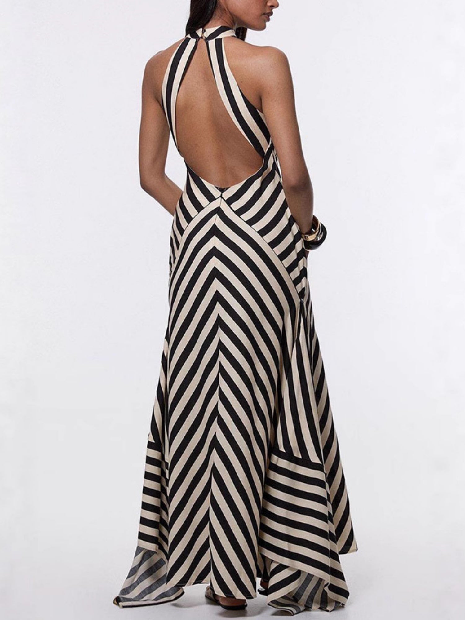Striped Color Blocking Halter Neck And Backless Maxi Dresses