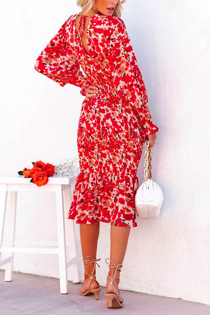 Margovil V Neck Long Sleeves Dress Printed Mermaid Midi Dress
