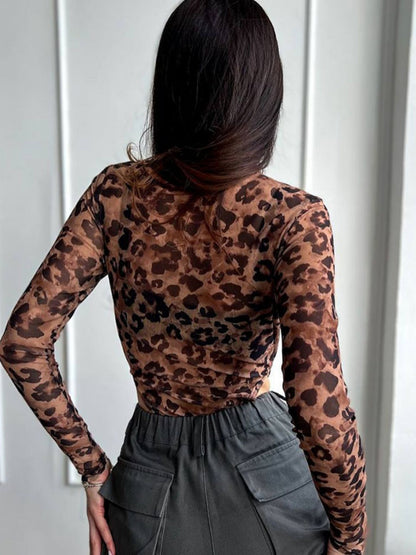 Leopard Print Mesh See-through Long Sleeves Bodysuits