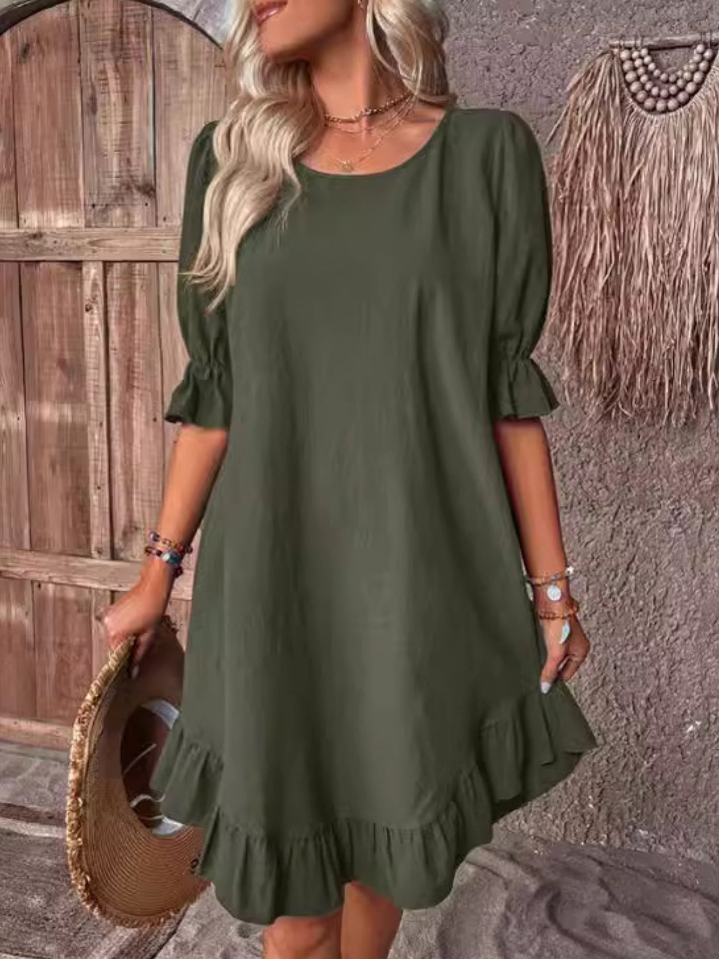Ruffle Puff Sleeve Round Neck And Full Skirt Mini&Short Dresses