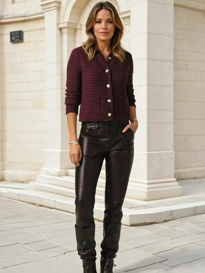 Knitted Burgundy Long-Sleeved Cardigan