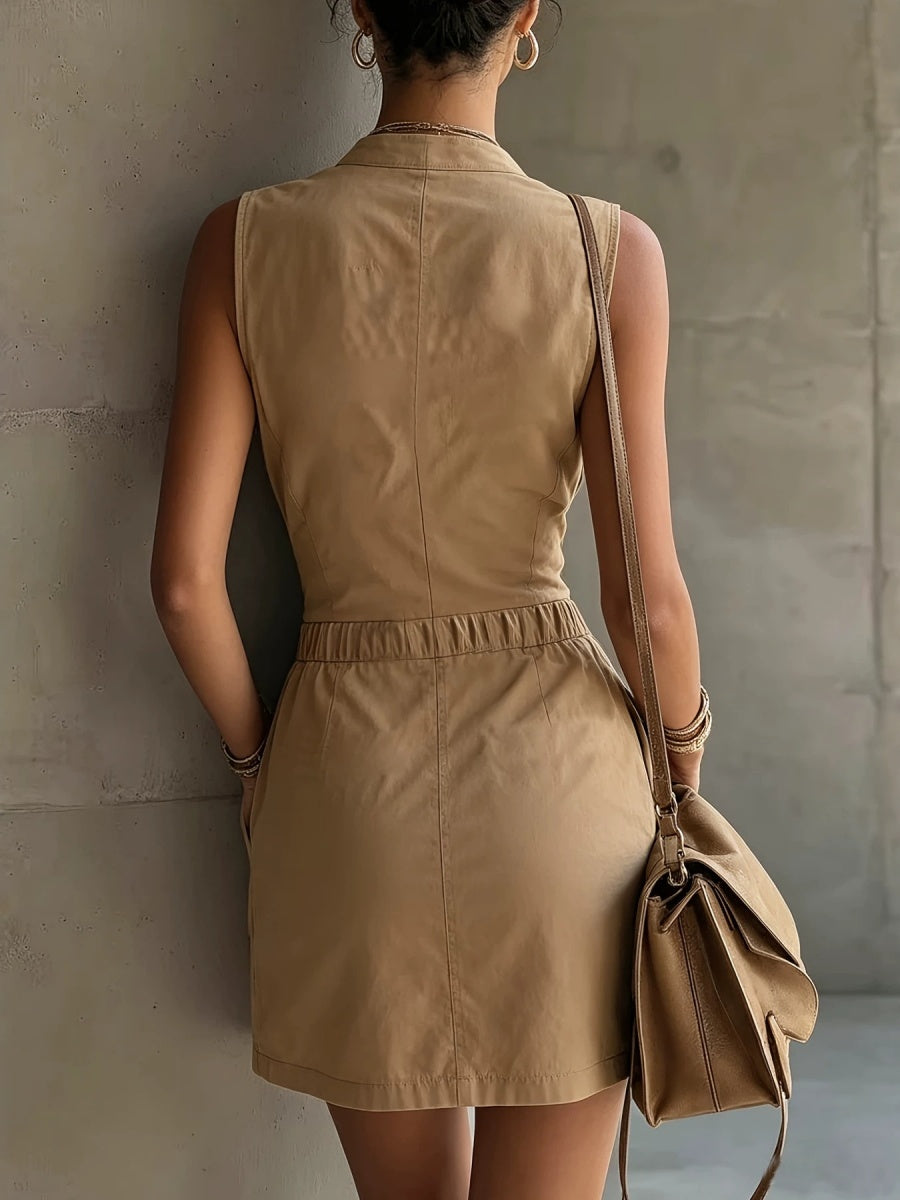 Work Clothes Sleeveless Zipper Pocket Waist Temperament Commuting Mini&Short Dresses