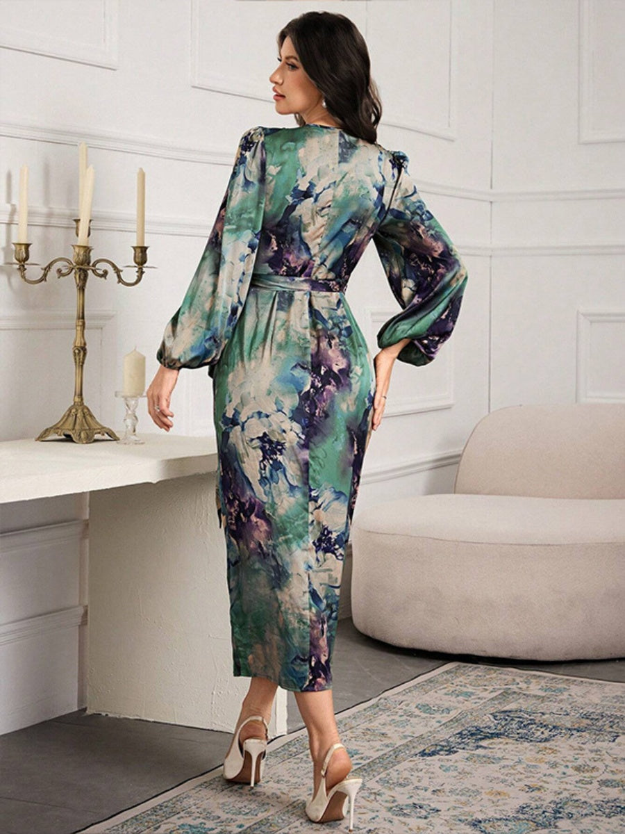 Printed V-neck Cardigan With Belt Midi Dresses