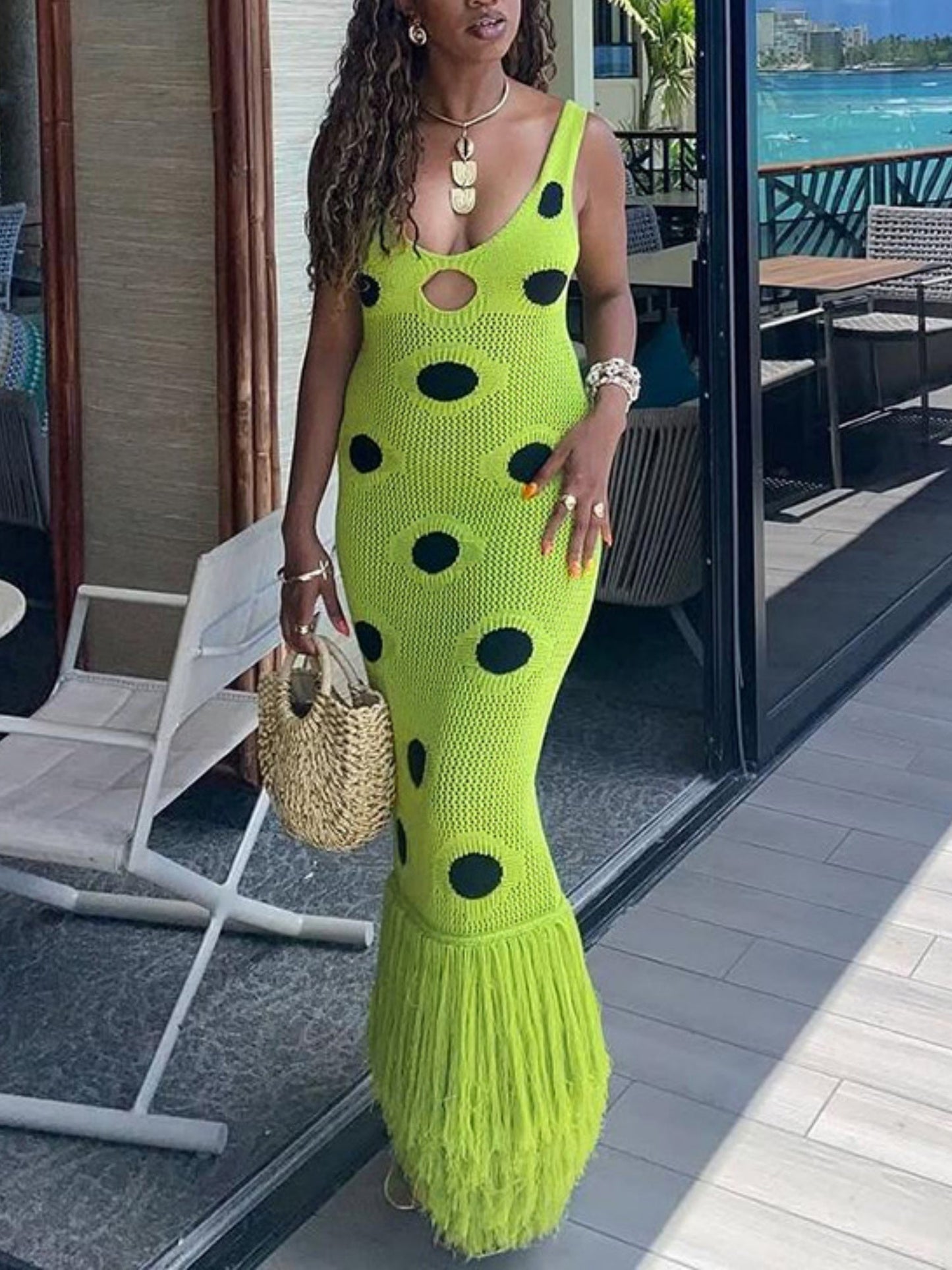 Polka Dots Hollow Out Tassel Sleeveless V-neck Maxi Dresses