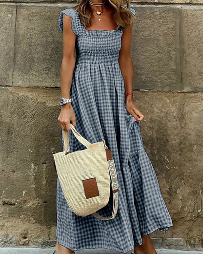 Gingham Smocked Square Neck Flutter Sleeve Tiered Maxi Dress