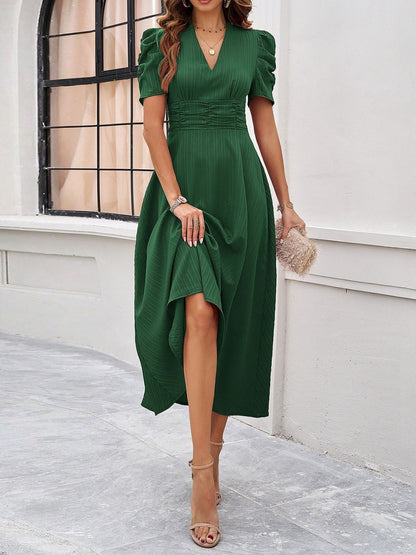 Pleated Waist Short Sleeve Maxi Dresses
