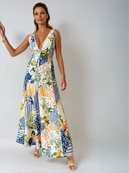 Sleeveless Lemonade Print Lace Trim Long Dress